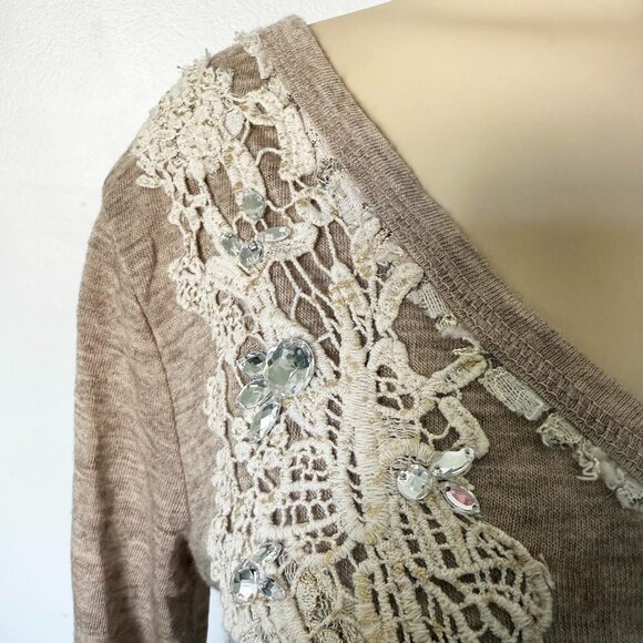 size SMALL tan cardigan MISS ME lace rhinestones embellished button up ombre S - Picture 9 of 11